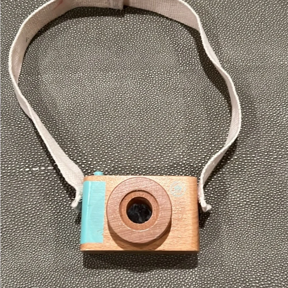 Natural Wood Toy Camera with Blue Accent
